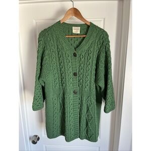 Kilronan Ireland Merino Wool Cardigan Green Fisherman Cable Knit XXL 3/4 Sleeve